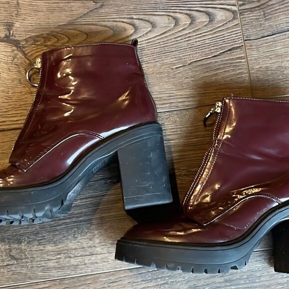 NWT Forever 21 Burgundy Wine Maroon patent combat Military zip up heel boots 7 - Picture 2 of 4
